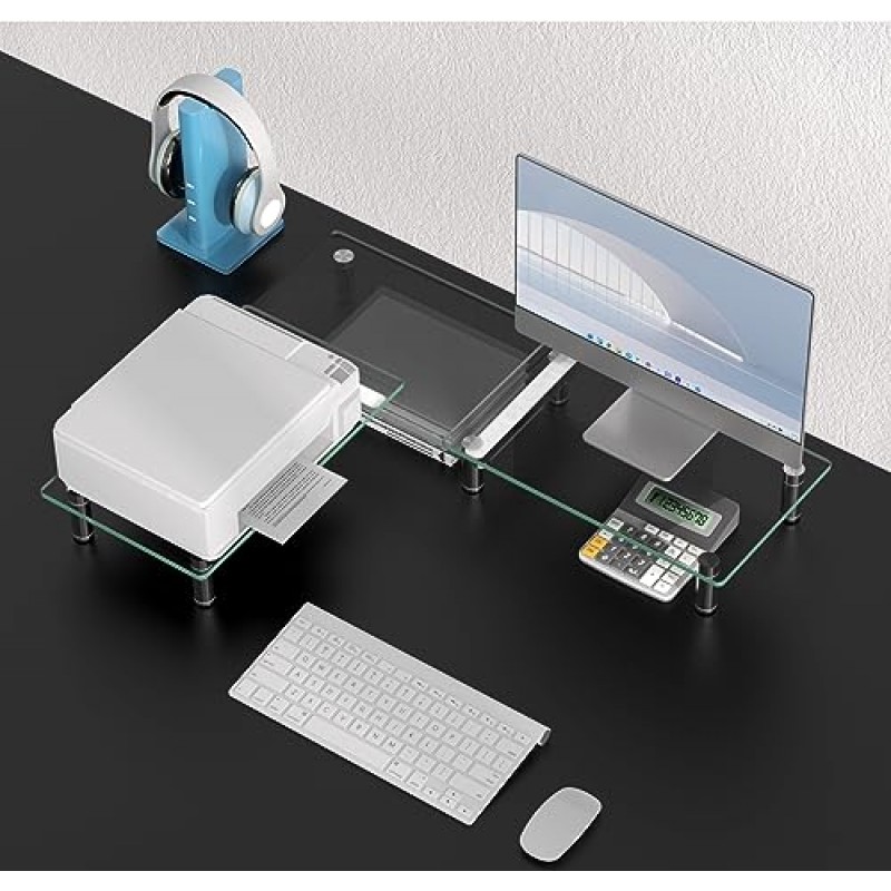 Ergofocus 듀얼 모니터 스탠드 라이저, 강화 유리 컴퓨터 모니터 라이저, 2개 모니터용 투명 유리 모니터 라이저, 컴퓨터, 노트북, PC, iMac용 길이 및 각도 조절 가능 모니터 스탠드 라이저