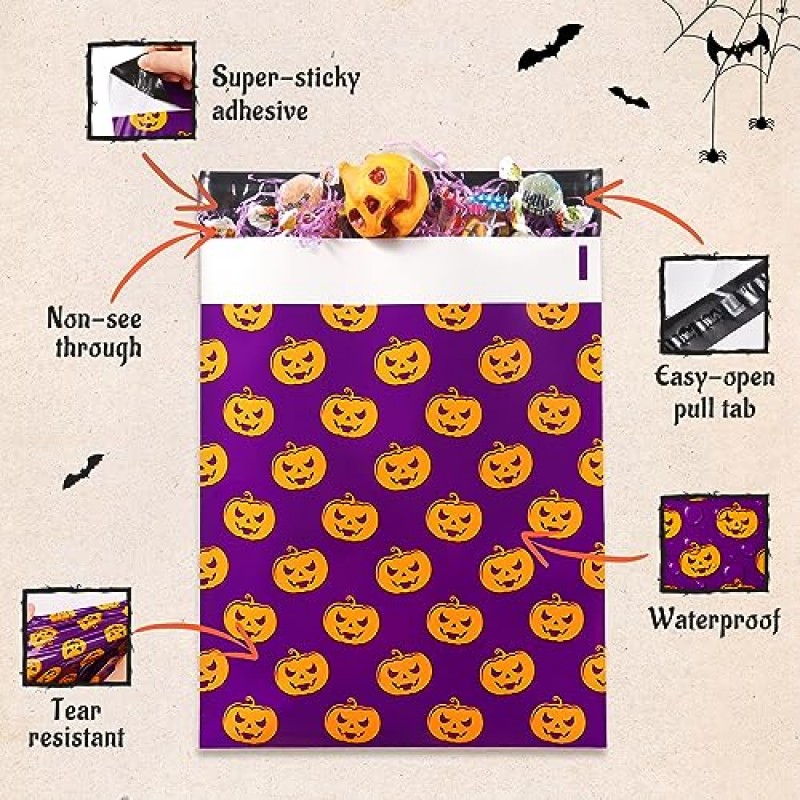 TONESPAC 100 팩 할로윈 폴리 메일러 10 x 13 폴리 배송 가방 방수 및 찢어짐 방지 선물 제공 중소기업 의류 포장(호박, 10 x 13인치)