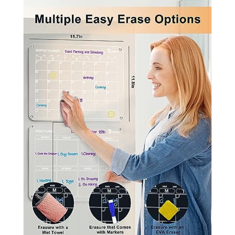 냉장고용 아크릴 자석 달력, 8개의 컬러 마커/자기 홀더/EVA 지우개/수건이 있는 냉장고용 월간 및 주간 달력의 투명 아크릴 자석 건조 지우기 계획 보드 2개