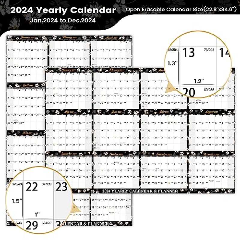 Dry Erase Calendar 2024 - 2024년 1월 - 2024년 12월, 34.8' × 22.8' 연간 벽 달력, 지울 수 있는 벽 달력 2024, 벽용 Dry Erase 달력, 양면 수평 양면 가능