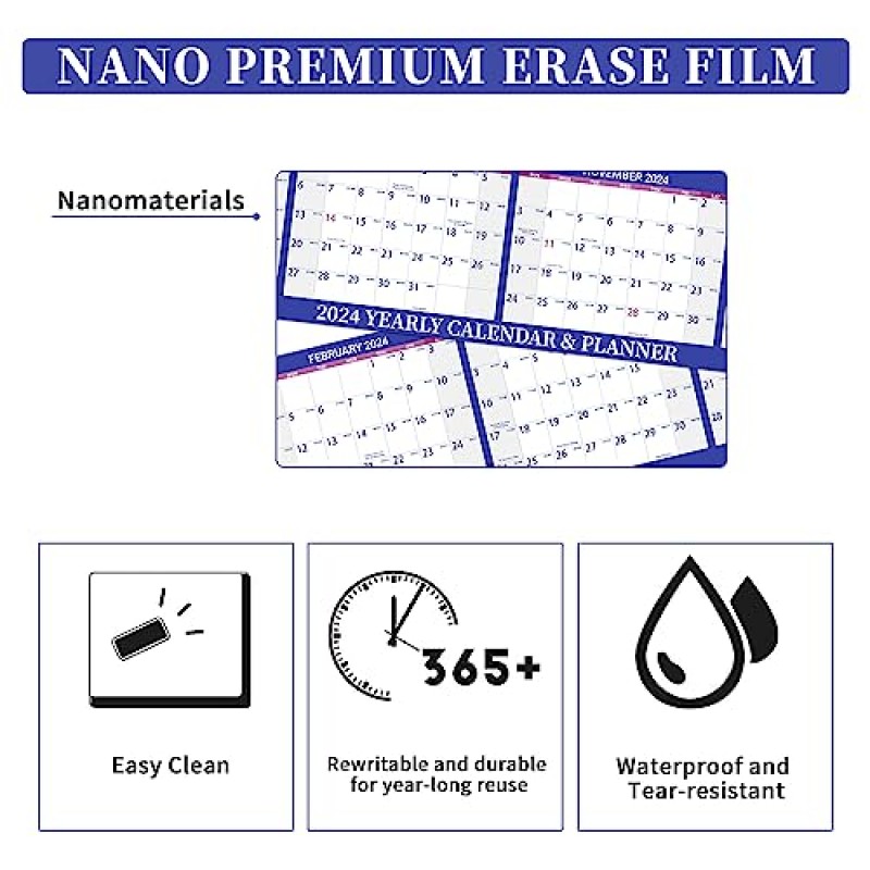 건식 지우기 달력 2024 - 2024년 1월 - 2024년 12월, 연간 벽걸이 달력, 2024 건식 지우기 벽걸이 달력, 34.8