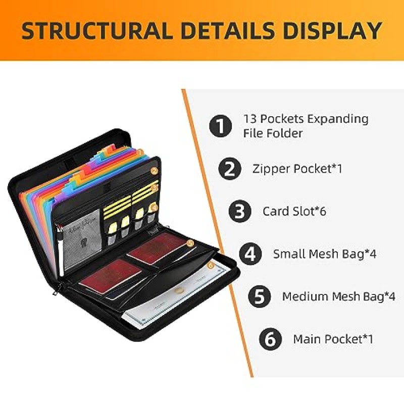 JUNDUN 아코디언 파일 정리함 - 지퍼와 라벨이 있는 12 포켓 확장 파일 폴더 - 멀티 포켓이 있는 방화 파일 폴더 정리함, Letter A4 파일용 문서 정리함 등