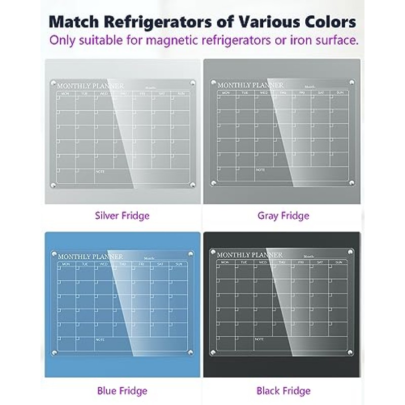 냉장고용 자석 달력, 냉장고용 투명 아크릴 달력, 16x12 월별 건식 지우기 보드에는 6가지 색상 마커, 펜 홀더, 수건 및 지우개가 포함되어 있습니다.