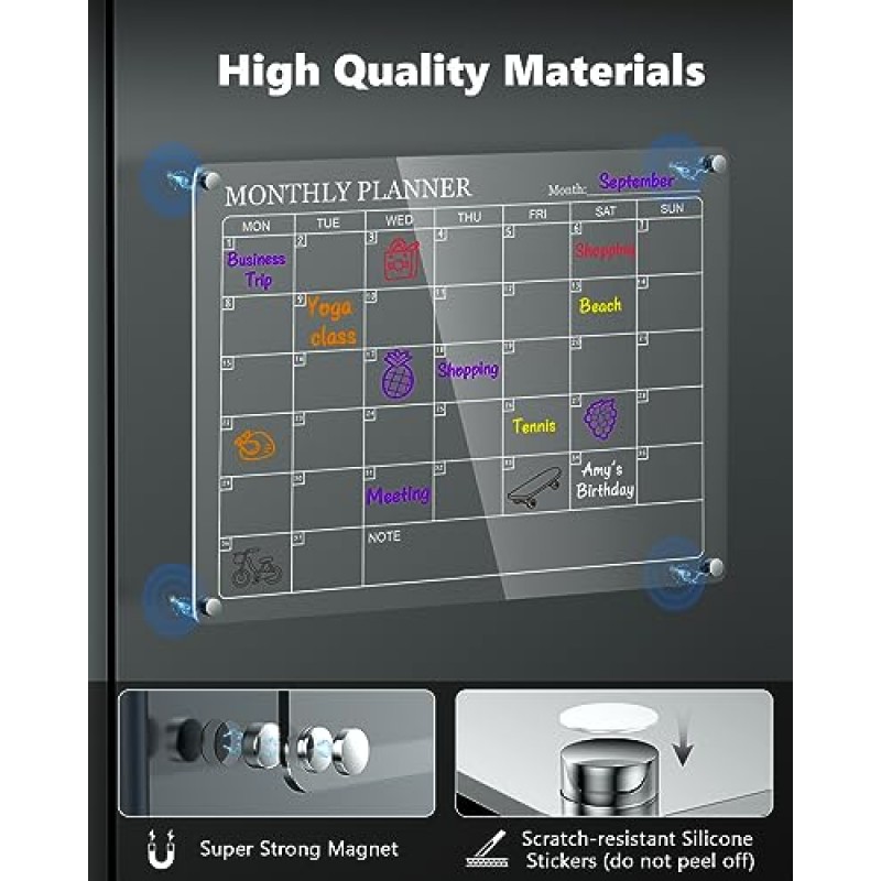냉장고용 자석 달력, 냉장고용 투명 아크릴 달력, 16x12 월별 건식 지우기 보드에는 6가지 색상 마커, 펜 홀더, 수건 및 지우개가 포함되어 있습니다.
