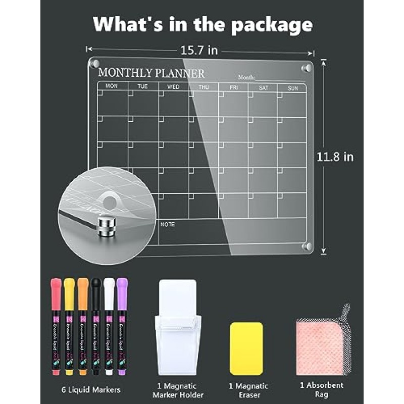 냉장고용 자석 달력, 냉장고용 투명 아크릴 달력, 16x12 월별 건식 지우기 보드에는 6가지 색상 마커, 펜 홀더, 수건 및 지우개가 포함되어 있습니다.
