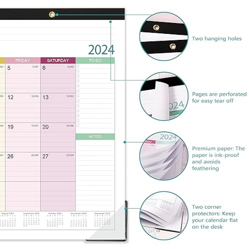 2024 탁상 달력 - 2024 대형 탁상 달력, 탁상 달력 2024, 2024년 1월 - 2024년 12월, 2024 탁상 달력 대형 22x17, 2-in-1, 계획 또는 정리를 위한 최고의 책상/벽 달력 - 다채로운 덩어리