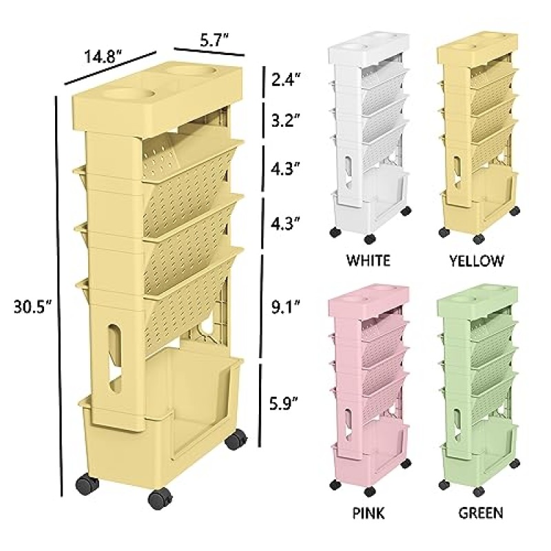 Yeavs 5단 모바일 책장, 롤링 책장 책 보관 랙, 가정 학습용 바퀴가 있는 이동식 파일 폴더 정리 카트 사무실 거실 교실, 노란색