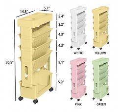 Yeavs 5단 모바일 책장, 롤링 책장 책 보관 랙, 가정 학습용 바퀴가 있는 이동식 파일 폴더 정리 카트 사무실 거실 교실, 노란색