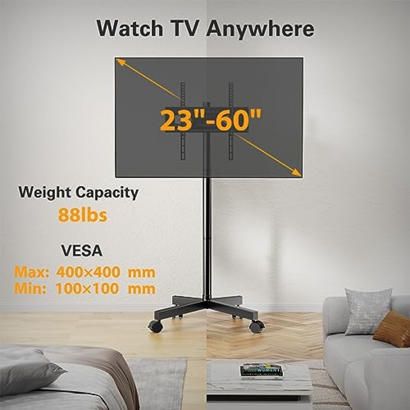 23-60인치 LCD LED OLED 4K 스마트 TV용 Perlegear 롤링 TV 스탠드 최대 88lbs 수용, 높이 조절이 가능한 모바일 TV 스탠드, 잠금 바퀴가 있는 틸팅 TV 카트 최대 VESA 400x400mm, PGTVMC16