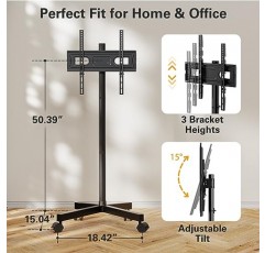 23-60인치 LCD LED OLED 4K 스마트 TV용 Perlegear 롤링 TV 스탠드 최대 88lbs 수용, 높이 조절이 가능한 모바일 TV 스탠드, 잠금 바퀴가 있는 틸팅 TV 카트 최대 VESA 400x400mm, PGTVMC16