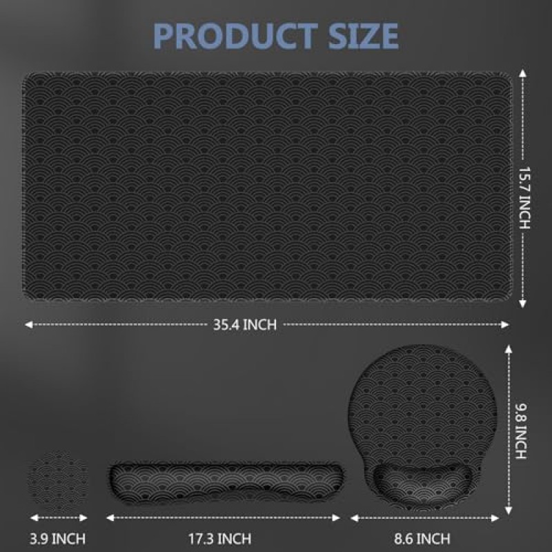iLeadon 마우스 패드 세트, 데스크 매트 + 손목 받침대가 있는 마우스 패드 + 키보드 손목 받침대 + 코스터, 4in1 대형 게임용 마우스 패드 홈 오피스용 일본식 마우스 및 키보드 패드 세트, 검정색