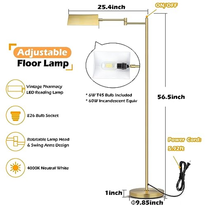 Mlambert 독서 플로어 램프, 스윙 암이 있는 LED 약국 램프, 회전 헤드 조절 가능 스탠딩 램프, E26 기본 전구, 거실용 코너 램프, 침실, 사무실, 봉제, 공예, 골동품 황동(금색)