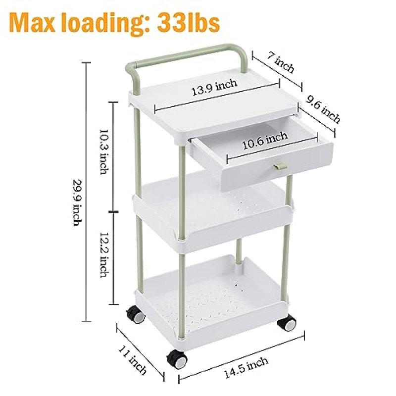 서랍이 있는 TOOLF 롤링 보관 카트, 탁상용 3단 롤링 유틸리티 카트, 교사용 공예 유아용 롤링 카트 정리함, 주방 욕실 침대 옆 사무실용 유틸리티 카트