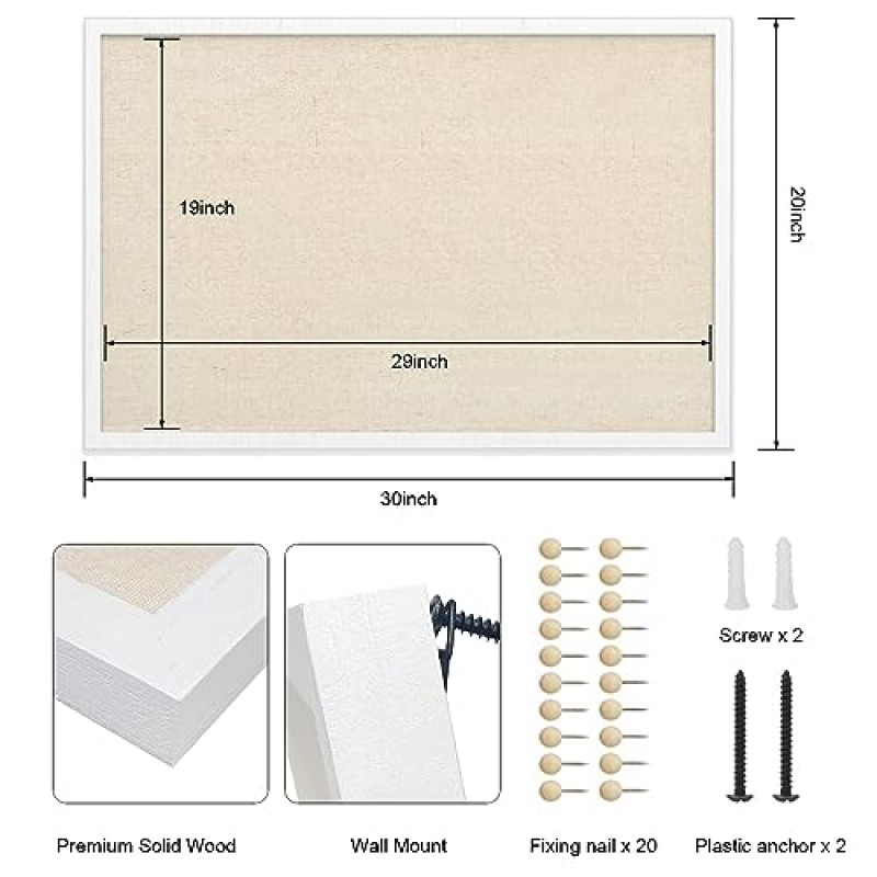 Miratino 대형 게시판 30x20 인치 리넨 코르크 보드 벽 장식 교수형 핀 나무 프레임 디스플레이 게시판 코르크 사진 그림 보드 방 학교 사무실 20-푸시핀 빈티지 화이트