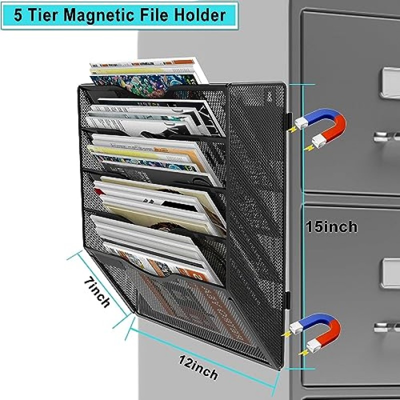 파일 캐비닛, 냉장고, 사무실 파일 캐비닛, 화이트보드용 자석 파일 홀더(5단), 드릴링 설치 없음 자석 파일 홀더 블랙