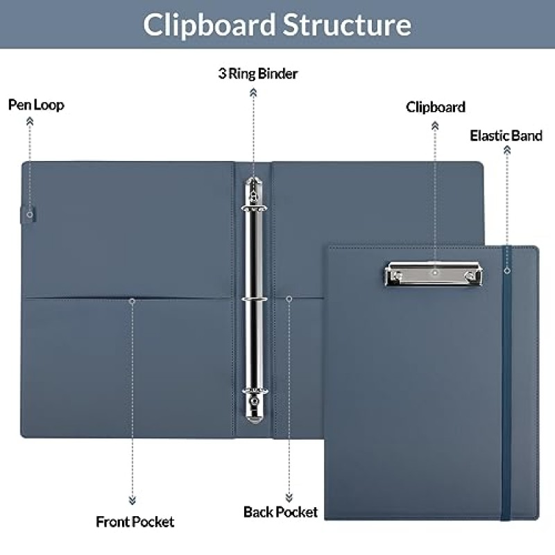 SKYDUE 3 링 바인더(클립보드 포함), PU 클립보드 폴더(메모장 포함)에는 10개의 포켓이 있는 5개의 칸막이, 라벨, 학교 사무실용 13.2