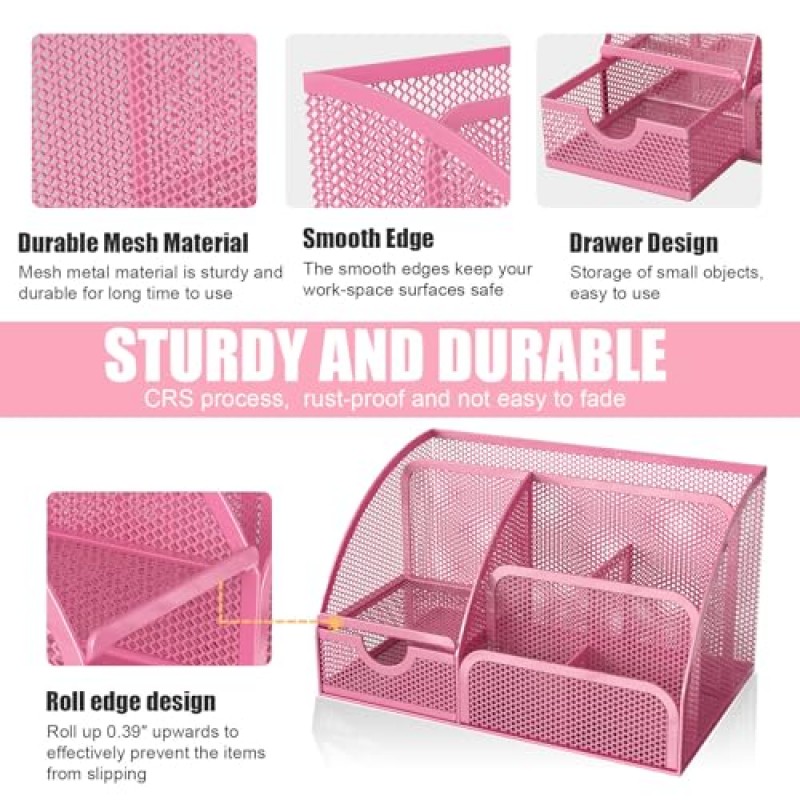 Banshou 데스크 오거나이저 사무용품, 서랍 및 6개의 구획이 있는 메쉬 데스크 사무용 오거나이저 8.74x5.51x5.12인치, 사무실, 가정, 학교, 교실, 주방용(핑크색)
