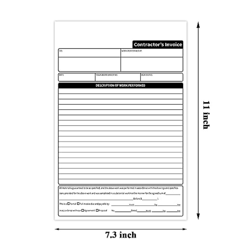AMXZEA 계약자 송장 책자, 3파트 무탄소 계약자 견적서, 카본 사본이 포함된 작업 주문 영수증 책, 7.3 x 11인치(50세트)