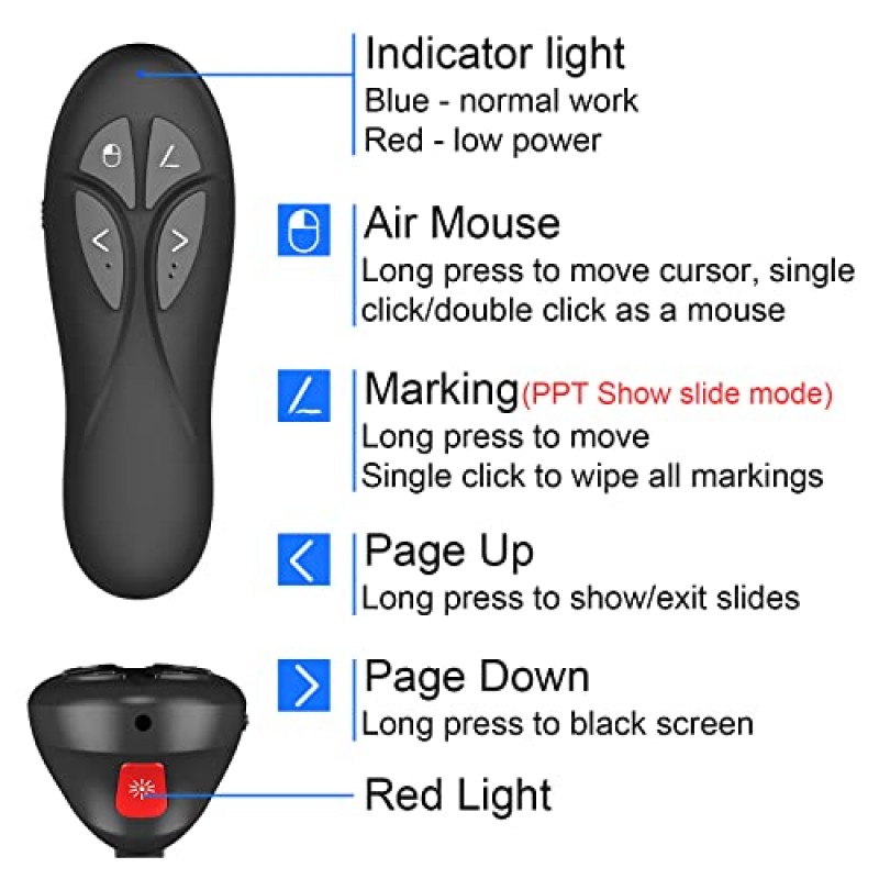 MIPREZT 파워포인트용 충전식 프리젠테이션 리모콘 에어 마우스, 무선 프리젠터 프리젠테이션 리모콘, 레이저 포인터, PPT/키노트/교실용 슬라이드 어드밴저, 노트북/맥북/맥/윈도우/리눅스