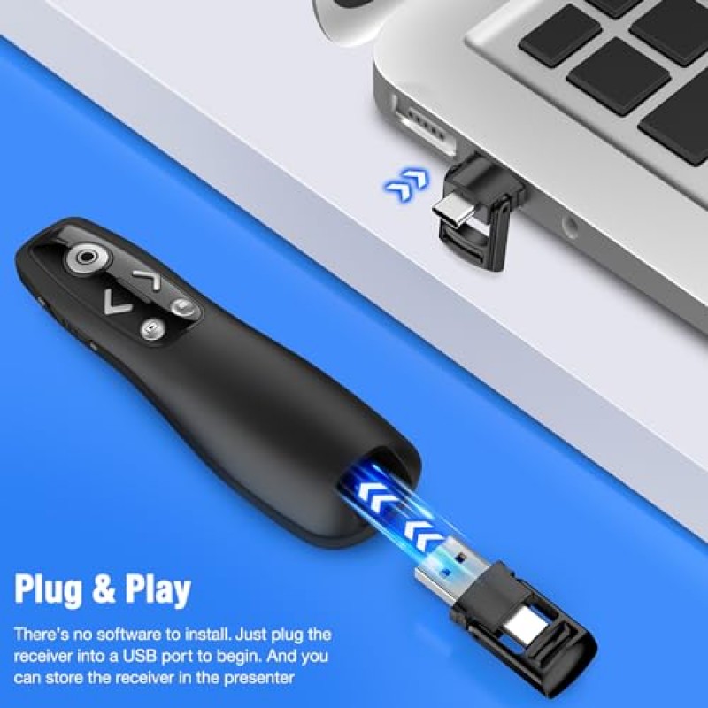 2-in-1 USB Type C 프레젠테이션 리모콘, Mac, 컴퓨터, 노트북용 하이퍼링크 및 볼륨 조절 기능이 있는 PowerPoint용 무선 발표자 리모컨