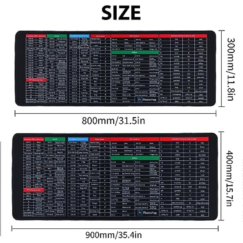 데스크 매트 퀵 키 초대형 미끄럼 방지 키보드 패드 - 사무용 소프트웨어 단축키 패턴 포함, 확장형 대형 마우스 패드, 키보드 마우스 매트 컴퓨터, 미끄럼 방지 고무 베이스 마우스 패드(11.8 * 31.5인치)