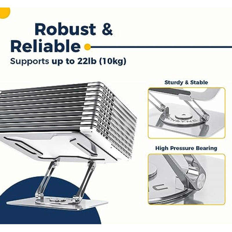 360° 회전 베이스가 있는 책상용 TechSync 조정 가능한 노트북 스탠드 | MacBook Pro/Air 및 최대 17인치 노트북과 호환되는 인체공학적 및 접이식 노트북 라이저 | 업무용 안정적인 노트북 홀더 | 은