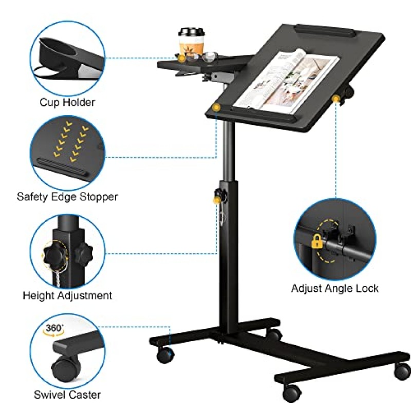 Panta 높이 조절식 롤링 노트북 스탠드, 틸팅 데스크탑 2개가 포함된 오버베드 테이블, 컵 홀더가 있는 소파용 모바일 노트북 테이블, 사무실, 가정 및 병원용 모바일 컴퓨터 워크스테이션