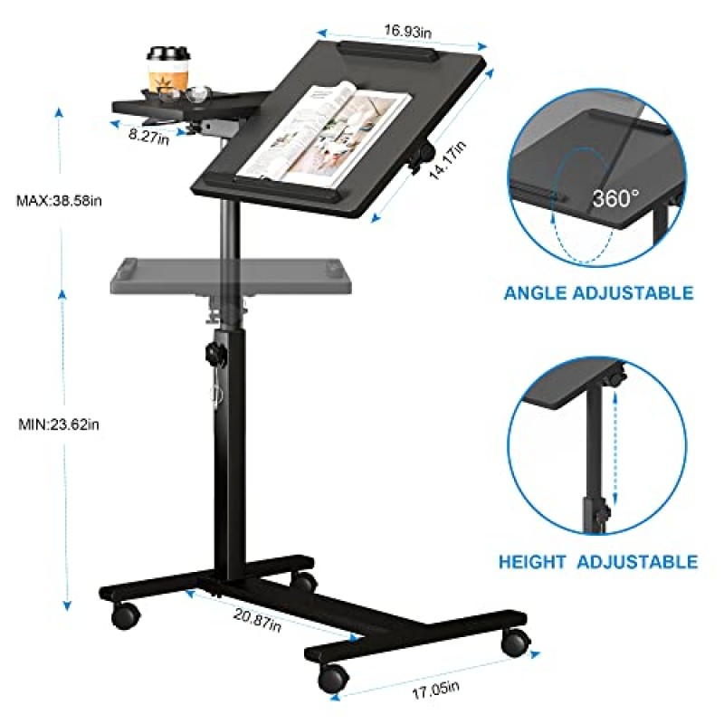 Panta 높이 조절식 롤링 노트북 스탠드, 틸팅 데스크탑 2개가 포함된 오버베드 테이블, 컵 홀더가 있는 소파용 모바일 노트북 테이블, 사무실, 가정 및 병원용 모바일 컴퓨터 워크스테이션