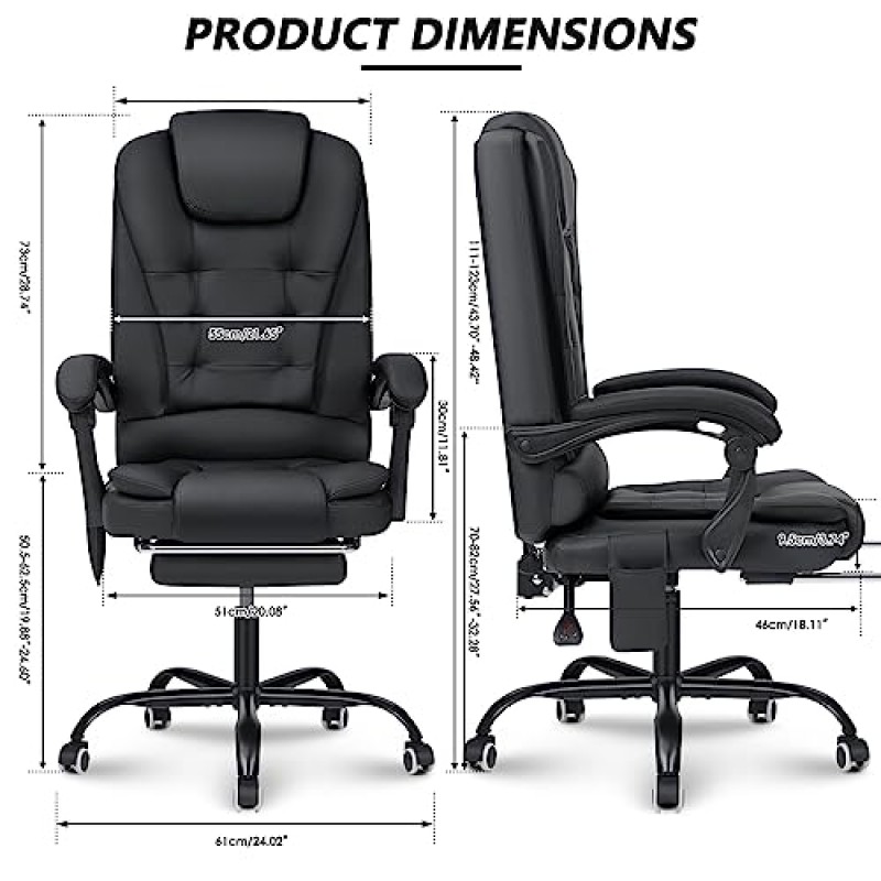 마사지 및 발판이 있는 HOFFREE 사무용 의자 리클라이닝 홈 오피스 의자 팔걸이가 있는 하이백 컴퓨터 책상 의자 블랙