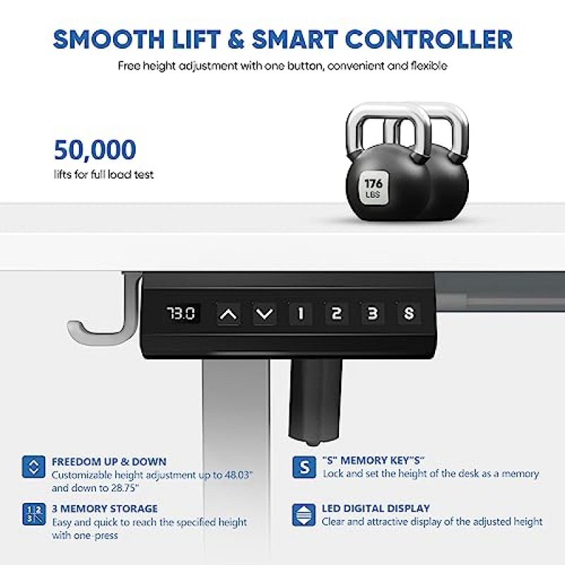 서랍이 있는 전기 스탠딩 책상, 48 x 24인치 스탠드업 책상, 보관함, 높이 조절이 가능한 인체공학적 컴퓨터 책상(가정용, 사무실, 연구용 워크스테이션용 와이어 구멍 및 후크 포함)