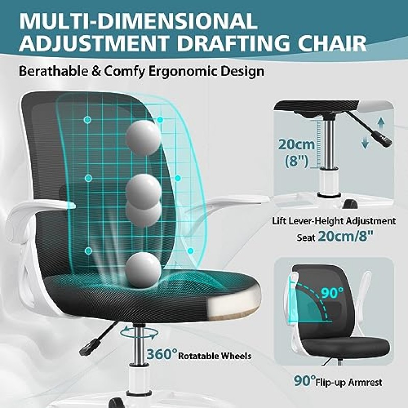 Winrise 제도 의자 키가 큰 사무실 의자 요추 지지대와 플립업 팔걸이가 있는 인체공학적 책상 의자, 높이 조절이 가능한 회전 작업과 조절 가능한 발 링이 있는 편안한 컴퓨터 의자(흰색)