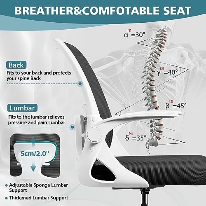 Winrise 제도 의자 키가 큰 사무실 의자 요추 지지대와 플립업 팔걸이가 있는 인체공학적 책상 의자, 높이 조절이 가능한 회전 작업과 조절 가능한 발 링이 있는 편안한 컴퓨터 의자(흰색)