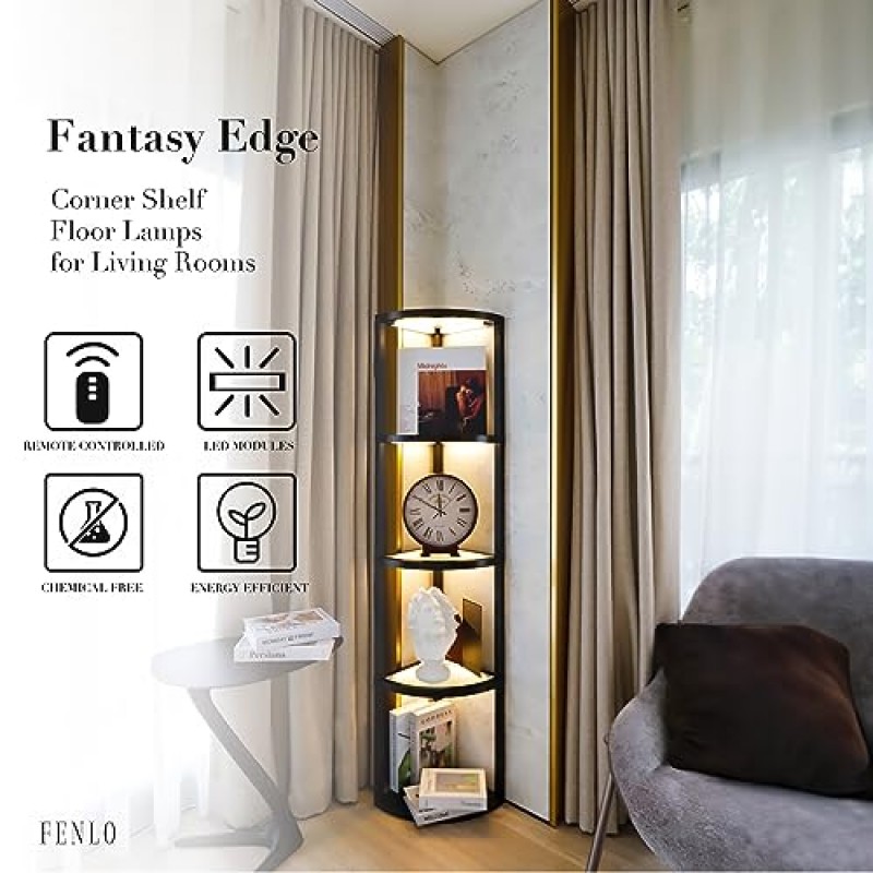 FENLO Fantasy Edge - 침실용 66인치 LED 코너 유리 디스플레이 선반 램프, 선반이 있는 밝기 조절이 가능한 코너 플로어 램프, 리모콘이 포함된 골동품 캐비닛 디스플레이 케이스(검은색)