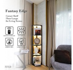 FENLO Fantasy Edge - 침실용 66인치 LED 코너 유리 디스플레이 선반 램프, 선반이 있는 밝기 조절이 가능한 코너 플로어 램프, 리모콘이 포함된 골동품 캐비닛 디스플레이 케이스(검은색)