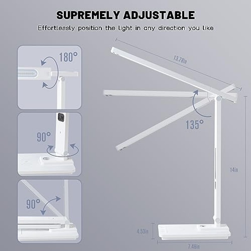 무선 충전기가 포함된 LED 책상 램프, 시계, 알람, 날짜, 온도가 포함된 홈 오피스용 흰색 책상 램프 | 야간 조명이 있는 책상 조명, 46분 자동 타이머 | 대학, 기숙사용 터치 컨트롤 스마트 램프