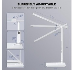 무선 충전기가 포함된 LED 책상 램프, 시계, 알람, 날짜, 온도가 포함된 홈 오피스용 흰색 책상 램프 | 야간 조명이 있는 책상 조명, 46분 자동 타이머 | 대학, 기숙사용 터치 컨트롤 스마트 램프