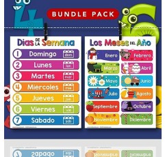 어린이를 위한 스페인어 교육 포스터 - 이중 언어 교실 및 홈스쿨 학습 차트 장식 및 학교 자료 10개 묶음, 유치원부터 3학년까지 | 내구성이 뛰어난 광택 카드지 | 8.5