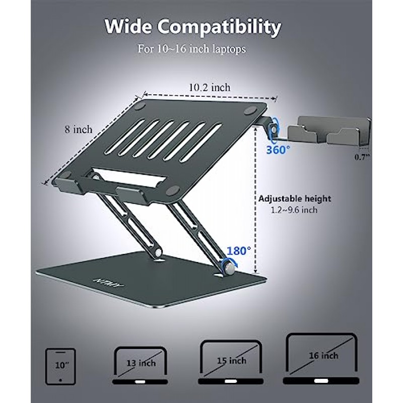 전화 홀더가 있는 NTMY 노트북 스탠드, 책상용 노트북 라이저 MacBook Air/Pro, Dell, HP용 알루미늄 접이식 조절식 컴퓨터 스탠드 10-16인치 더보기(스페이스 그레이)