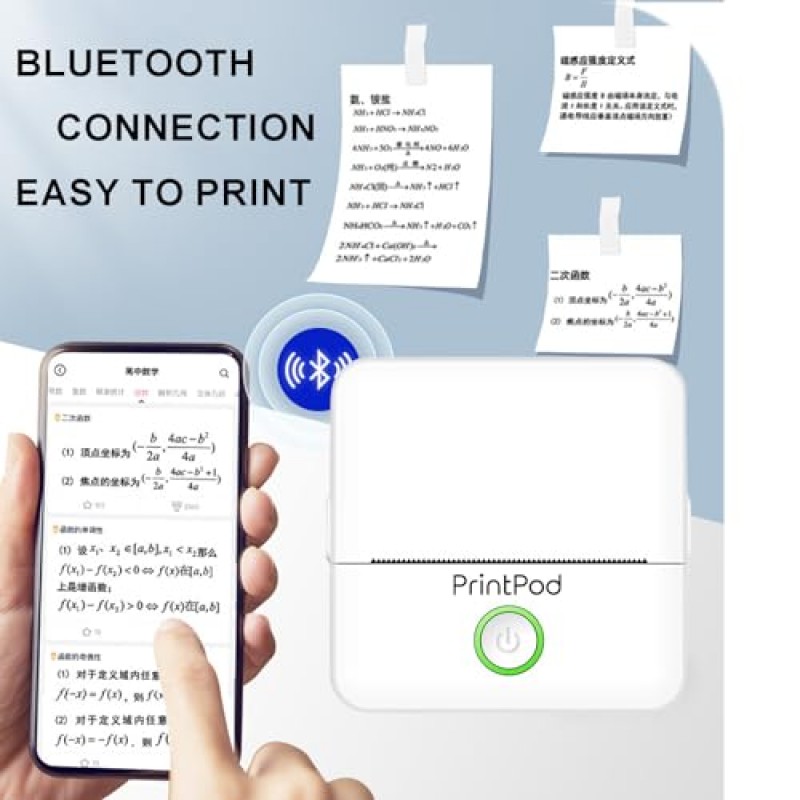 인쇄 포드 무선 블루투스 스티커 열전사 고속 프린터, 5롤 인쇄 용지가 포함된 DIY 스크랩북용 무잉크 포켓 프린터(흰색)
