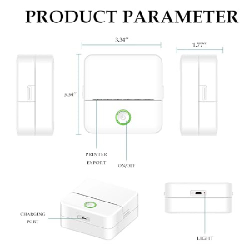인쇄 포드 무선 블루투스 스티커 열전사 고속 프린터, 5롤 인쇄 용지가 포함된 DIY 스크랩북용 무잉크 포켓 프린터(흰색)