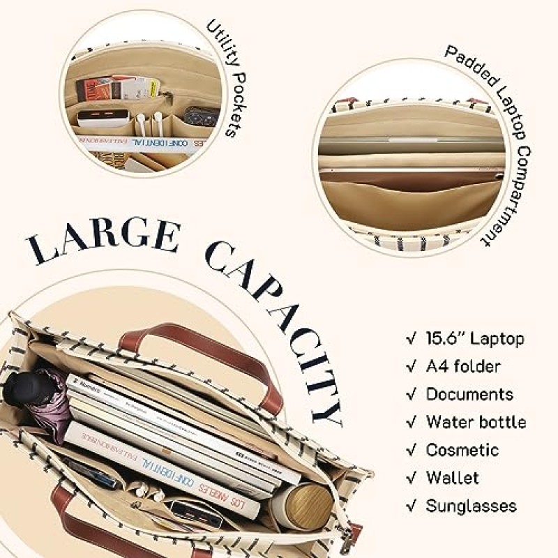Missnine 노트북 토트 백 캔버스 노트북 가방 15.6 인치 작업 어깨 가방 캐주얼 서류 가방 핸드백 여행, 사무실, 대학 (스트라이프)