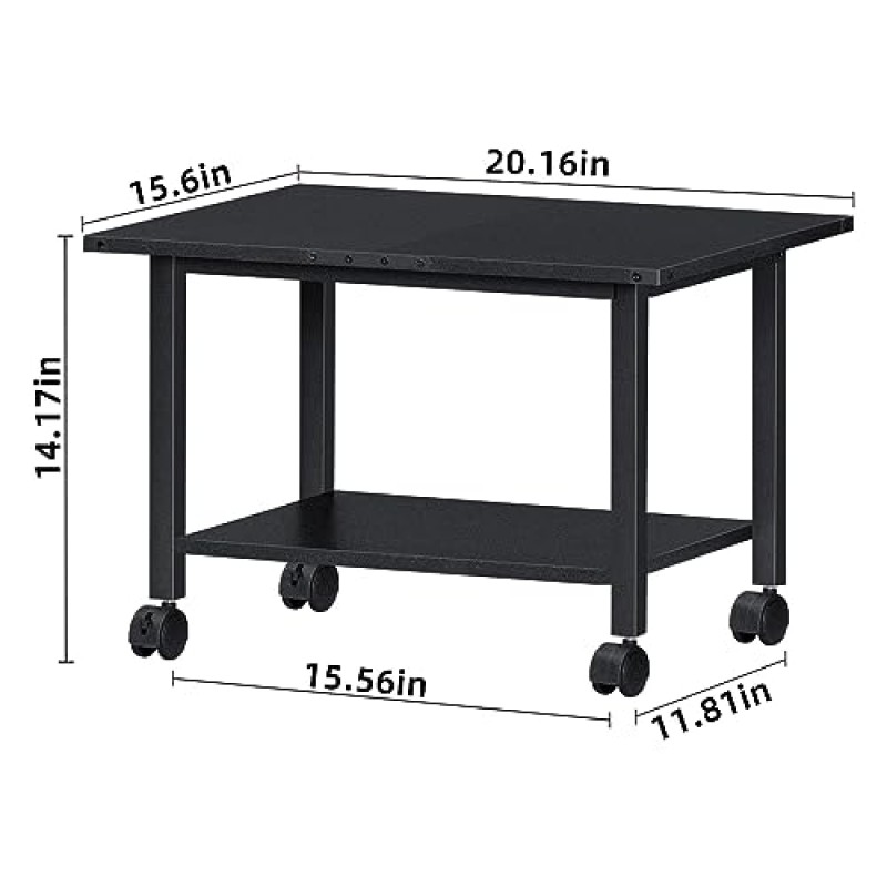 Lerliuo 언더 데스크 프린터 스탠드, 보관 선반과 강철 프레임이 있는 2계층 산업용 모바일 프린터 테이블, 가정용, 사무실용 잠금 가능 바퀴가 있는 롤링 프린터 카트 홀더(검은색)