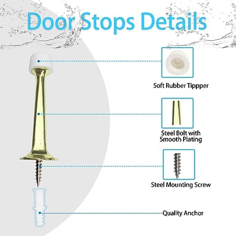 도어 스톱, 벽용 도어 스톱퍼, 도어 바닥용 도어 스톱, 부드러운 고무 팁이 있는 견고한 견고한 도어 스톱퍼, 3인치 도어 스톱 색상 새틴 황동/골드, 10팩