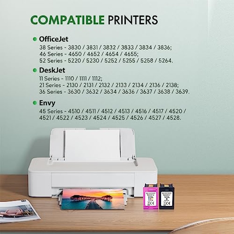 63XL 잉크 카트리지 콤보 팩 HP Ink 63용 대용량 호환 교체 OfficeJet 3830 4650 4655 5255 5258 5200 Envy 4510 4520 DeskJet 1110 3630 프린터(검은색 1개, 삼색 1개)