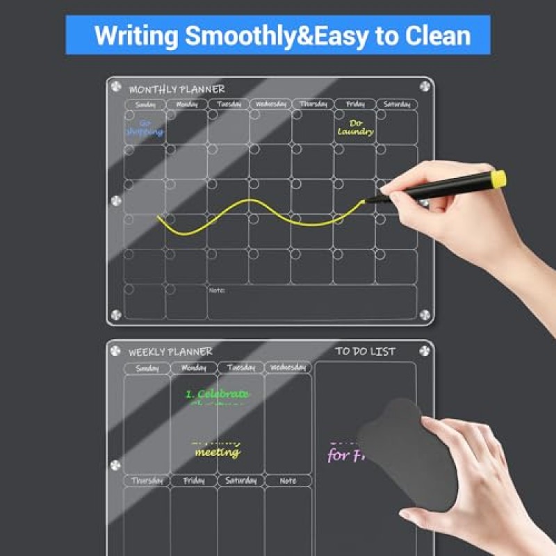 냉장고용 아크릴 자석 달력, 자석 펜 홀더, 분필 마커, 월간 냉장고 달력 16x12'가 있는 냉장고용 투명 자석 월별 및 주간 건식 지우기 보드 달력 2개 세트