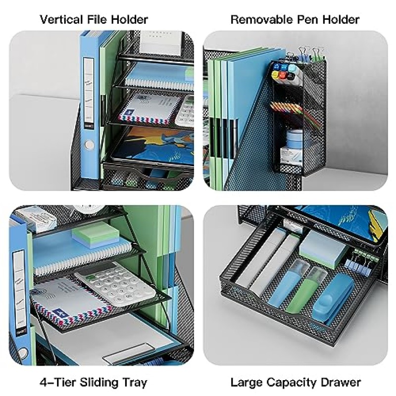 파일 홀더가 있는 Egepon 메쉬 데스크 정리함, 슬라이딩 서랍 및 펜 홀더가 있는 5단 종이 편지 트레이 정리함, 다기능 사무용품 책상 정리함 및 사무용 학교 홈 액세서리