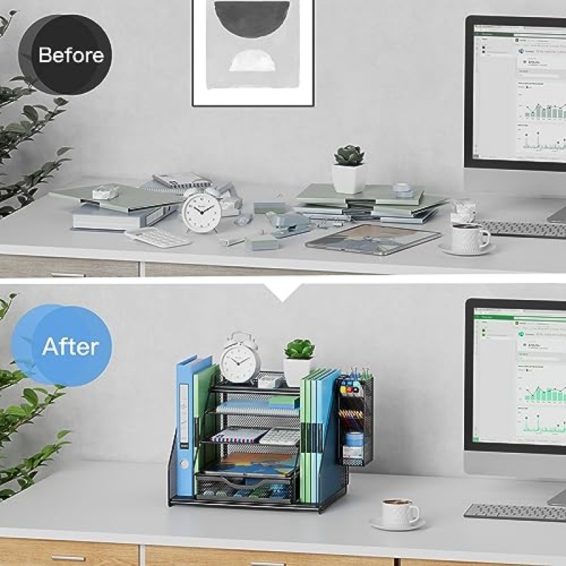 파일 홀더가 있는 Egepon 메쉬 데스크 정리함, 슬라이딩 서랍 및 펜 홀더가 있는 5단 종이 편지 트레이 정리함, 다기능 사무용품 책상 정리함 및 사무용 학교 홈 액세서리
