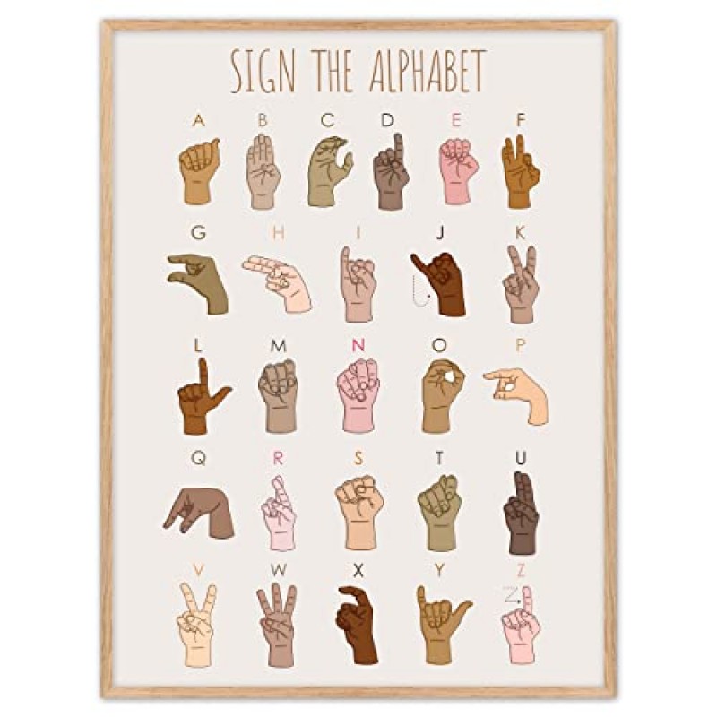 미국 수화 포스터, 수화 알파벳 인쇄, ASL 포스터, 교육 포스터, 포함된 수화 알파벳, 사무실 놀이방 교실 장식용 ASL 알파벳 벽 예술 - 16x24