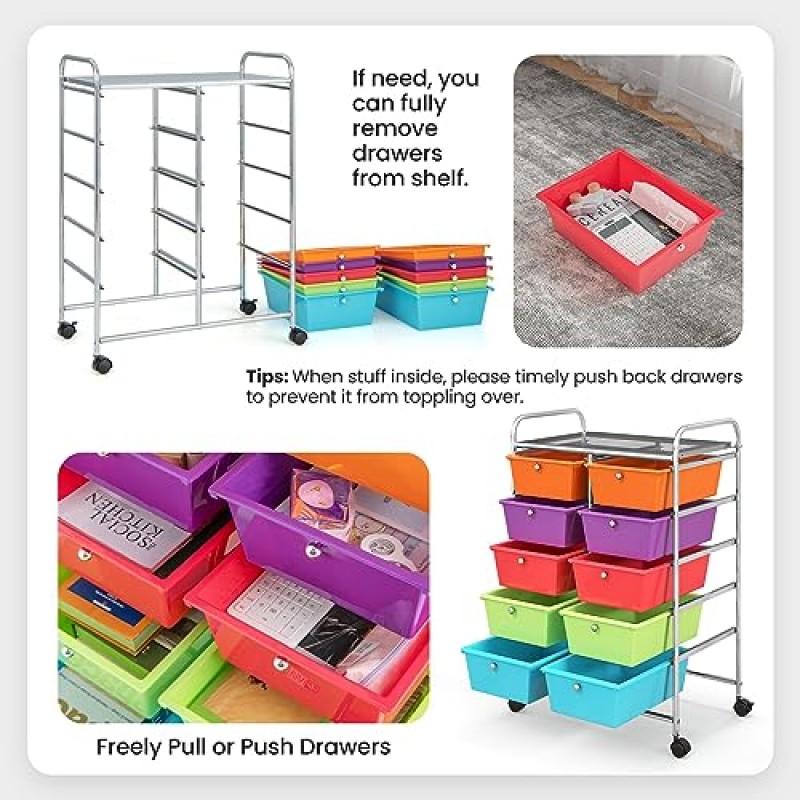 Giantex 10 서랍 롤링 카트, 교실 정리함, 바퀴가 달린 보관 카트, 교사 사무실용 홈 학교 용품 도구 공예 아트지, 무지개 색상