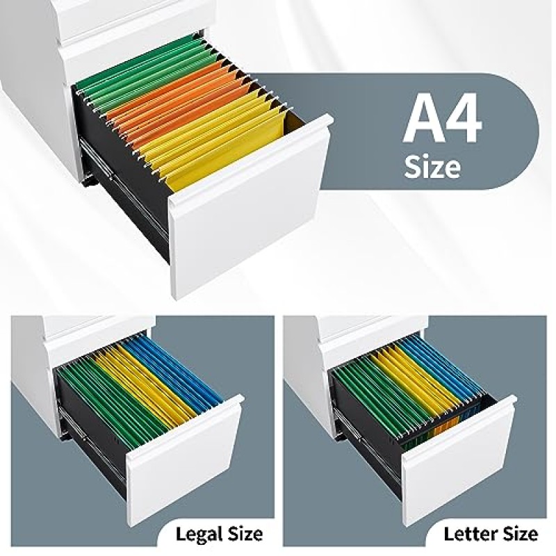 홈 오피스용 적합한 파일 캐비닛, 잠금 장치가 있는 서랍 3개 파일 캐비닛, A4 크기/Letter 크기/Legal 크기, 바퀴를 제외하고 완전히 조립됨, 흰색